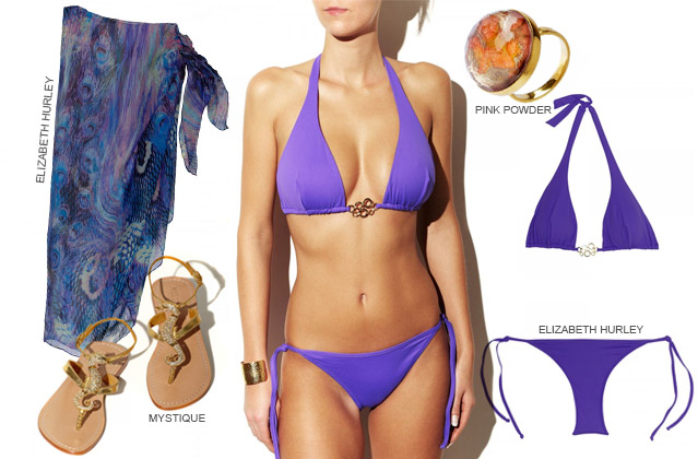 Das Sommer-Outfit 2013 mit einem Bikini von Elizabeth Hurley, Sandalen mit Swarovski-Steinen von Mystique und einem Pareo von Liz Hurley.